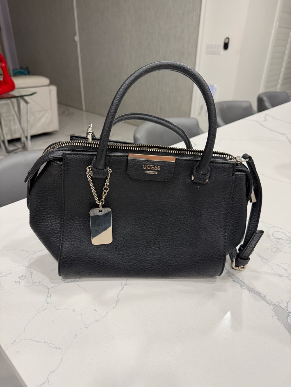 GUESS Black Textured Leather Satchel with Silver Tag
